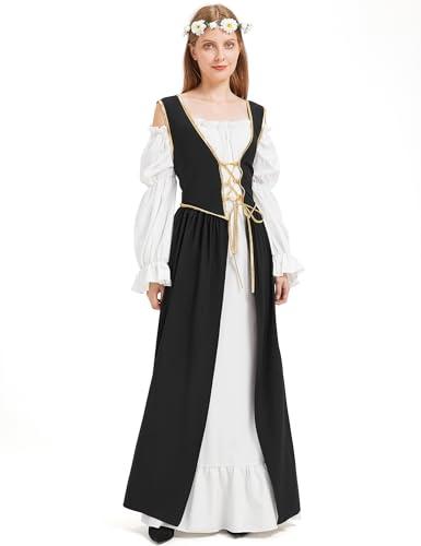 Renaissance Costume Women Medieval Dress Long Sleeve Black Red Green Chemise Overdress Wreath Halloween Cosplay Party S