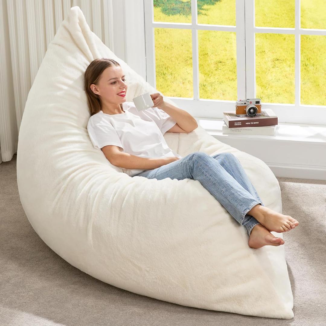 Hobestluk 3 in 1 Bean Bag Chair Giant Bean Bag Chairs for Adults with Plush Faux Fur Cover Convertible Bean Bag Floor Cushion with Machine Washable Cover for Living Room (Plush White)