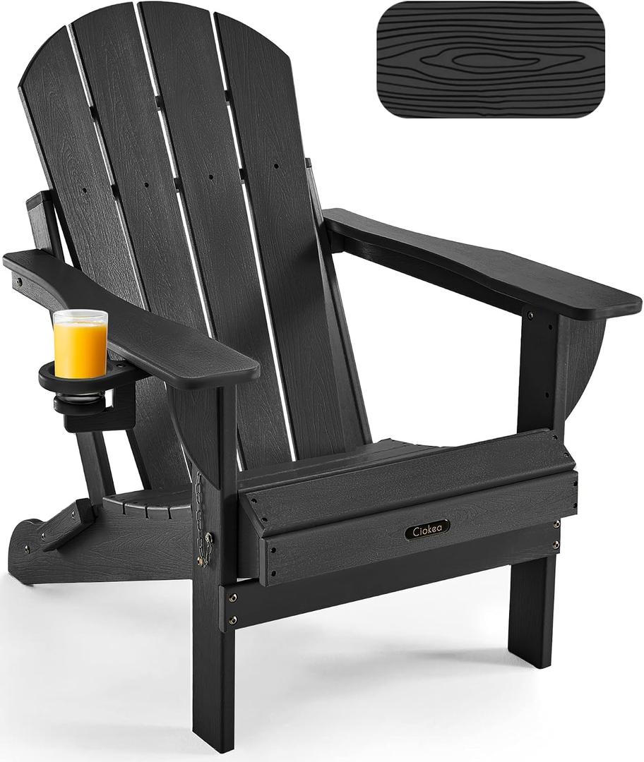 Ciokea Folding Adirondack Chair Wood Texture for Patio, Weather Resistant, Plastic Fire Pit Chair with Cup Holder, Lawn Chair for Outdoor Porch Garden Backyard Deck (Black)