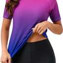 Halcurt Women's Built in Bra Rash Guard UPF 50 Two Piece Swimsuit Shirt and Board Shorts, L