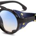 FEISEDY Retro Round Steampunk Sunglasses Women Men Vintage Eyewear Light Plastic Frame with Leatherwear B2532 (Blue)