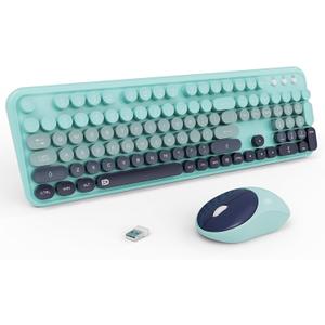 Wireless Keyboards Mouse Combos, Colorful Cute Typewriter Full-Size Retro Round Keycaps, 2.4GHz Cordless Connection Sleep Mode Office Wireless Keyboard and Mouse Set for Desktop Laptop PC Computer (105 Keys Indigo Blue Colorful)