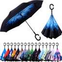 Inverted Umbrella, Windproof Reverse Umbrellas for Rain with Reversible Inside-Out Design Large Upside Down Umbrella for Women & Men with C-shaped Handle (Blue Daisy)