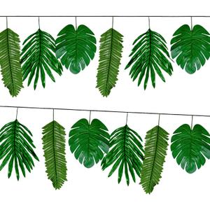 Hawaiian Summer Garland Monstera Leaf Banner, Monstera Leaf Garland Banner with 3 Types of Artificial Palm Leaves, Tropical Palm Leaves Party Banners Decorations for Jungle Theme Baby Shower