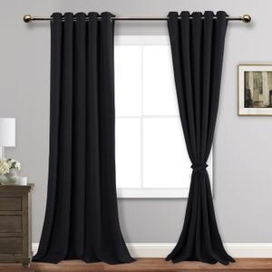 JIUZHEN Black Blackout Curtains with Tiebacks - Thermal Insulated, Light Blocking and Noise Reducing Grommet Curtains for Bedroom and Living Room, Set of 2 Window Curtain Panels, 60 x 96 Inch Length