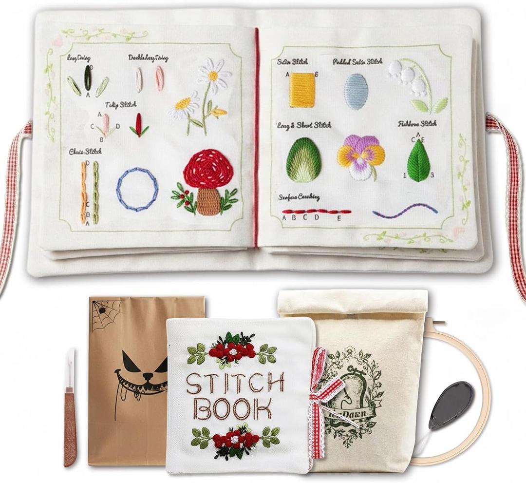 TenDawn Beginner Embroidery Stitch Book with Fabric Pages, 32 Essential Stitches in Structured Learning Order for Adults, DIY Sewing Kit with Floral Motifs, Practice Patterns (Basic & Intermediate Kit)