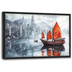 Cityscape Boat Large Wall Art Sailboat Pictures Wall Decor Coastal Canvas Ocean Nautical Print Painting Modern Artwork Home Decoration for Living Room Bathroom Bedroom Office Framed 24"x36"