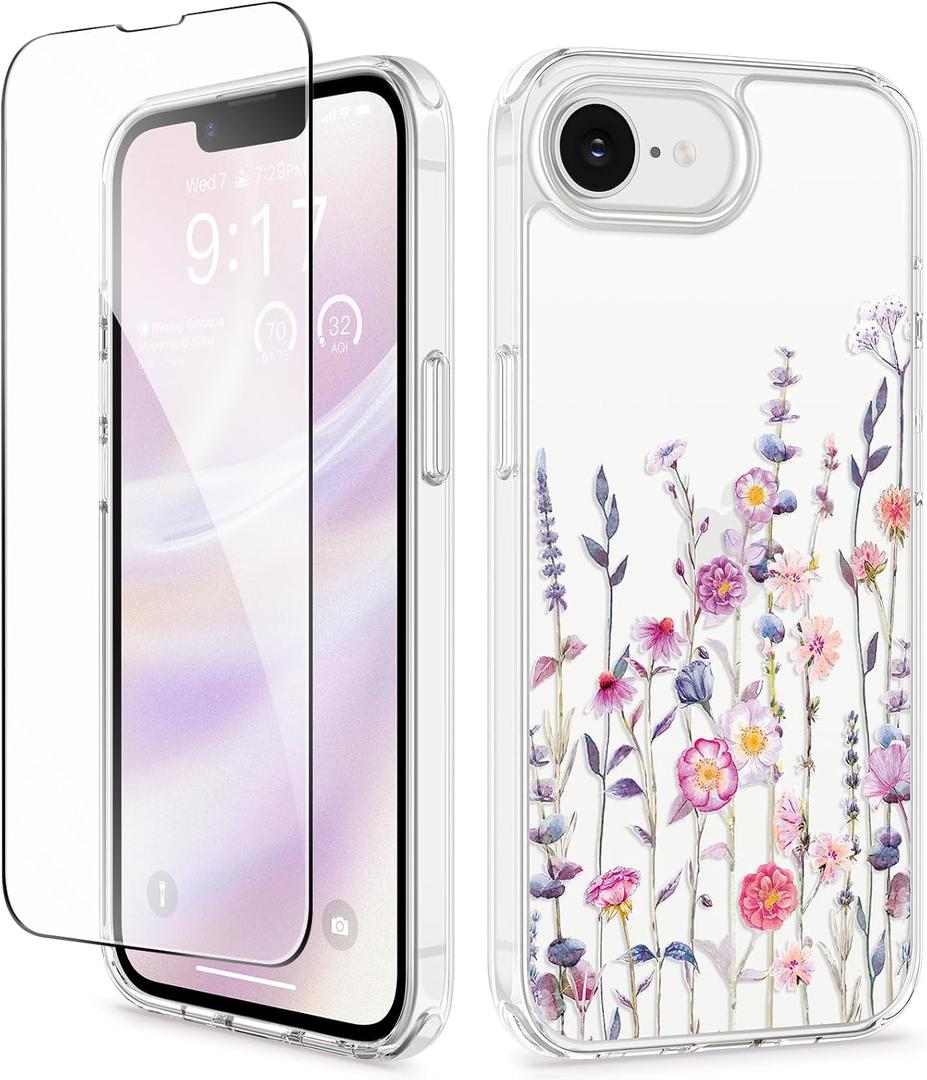 GVIEWIN for iPhone 16e Case with Screen Protector,[Non-Yellowing][Military-Grade Protection] Hard PC&TPU Bumper,Floral Shockproof Protective Clear Phone Case for iPhone 16E 2025(Floratopia/Colorful)