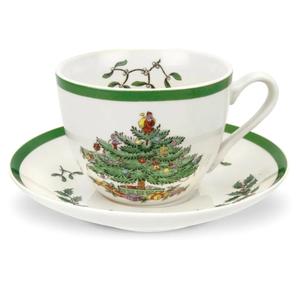Spode Christmas Tree Teacup & Saucer Set - 7 Oz Earthenware Cup for Tea, Coffee, Cappuccino, Espresso - Holly & Mistletoe Holiday Accents - Holiday Collection Design for Gifting