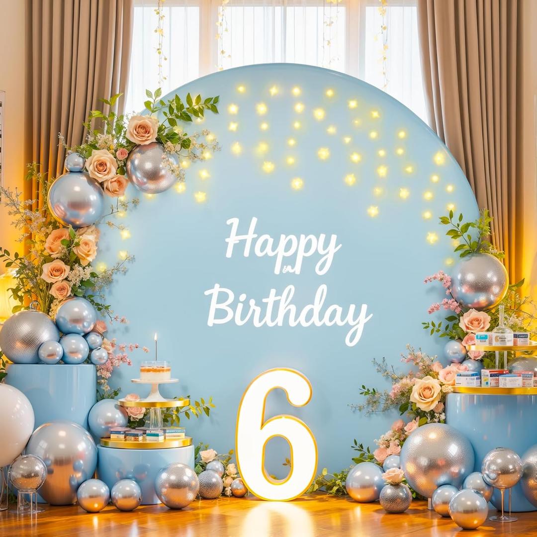 7.2 ft Baby Blue Round Backdrop Cover with Lights Circle Arch Backdrop Cover with Fairy Lights for Baby Shower Boy Birthday Party Wedding Bridal Shower Photography Photo Shoot Background Decorations