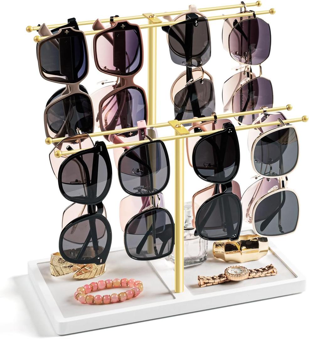 Emfogo Sunglass Organizer, 2-Tier Sunglasses Display Rack for 16 Pairs of Eyewear, Jewelry Holder Stand with Wood Tray Storage for Earrings, Bracelets, Rings & Watches (Gold+White)