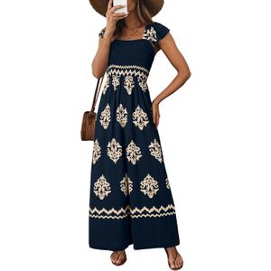 Happy Sailed Women's Jumpsuits Summer Square Neck Floral Printed Boho Jumpsuit Overalls Wide Leg Long Pants Rompers Cruise Outfits for Women Dark Blue L