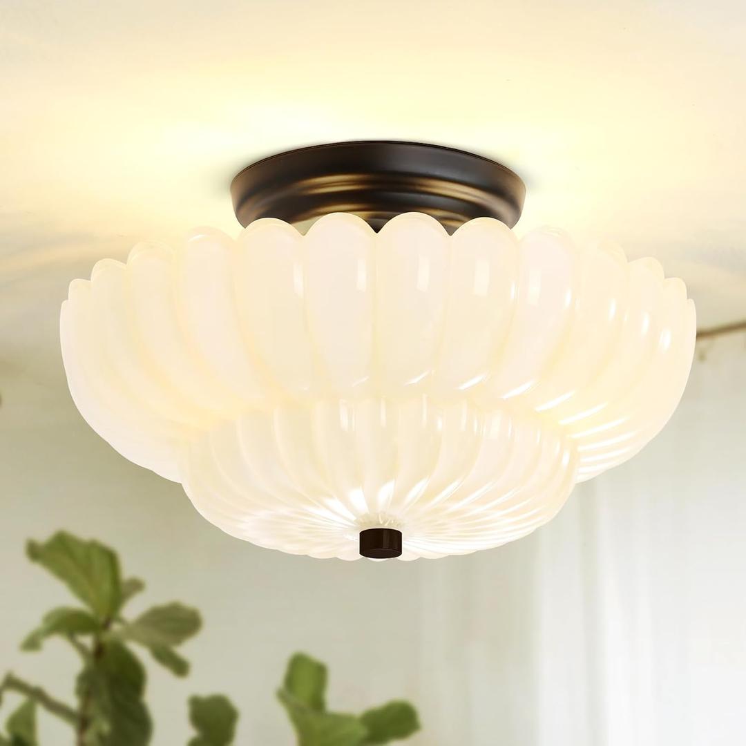 Semi Flush Mount Ceiling Light Fixture Vinatge Black Ceiling Lights Mid Century Modern Milk White Glass Close to Ceiling Lighting Fixtures for Bedroom Hallway Foyer Bathroom Kitchen Laundry Room