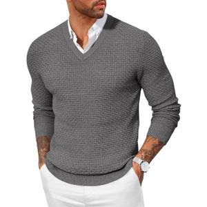 Yousify Mens V Neck Pullover Sweater Waffle Knit Casual Textured Pullover Long Sleeve Slim Fit Fall Sweaters Grey
