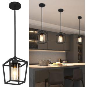Black Pendant Lights Kitchen Island, 1-Light Light Fixtures, Farmhouse Island Lighting, Lantern Pendant Light for Hallway Foyer Dinning Room with Clear Glass Shade, Adjustable Height