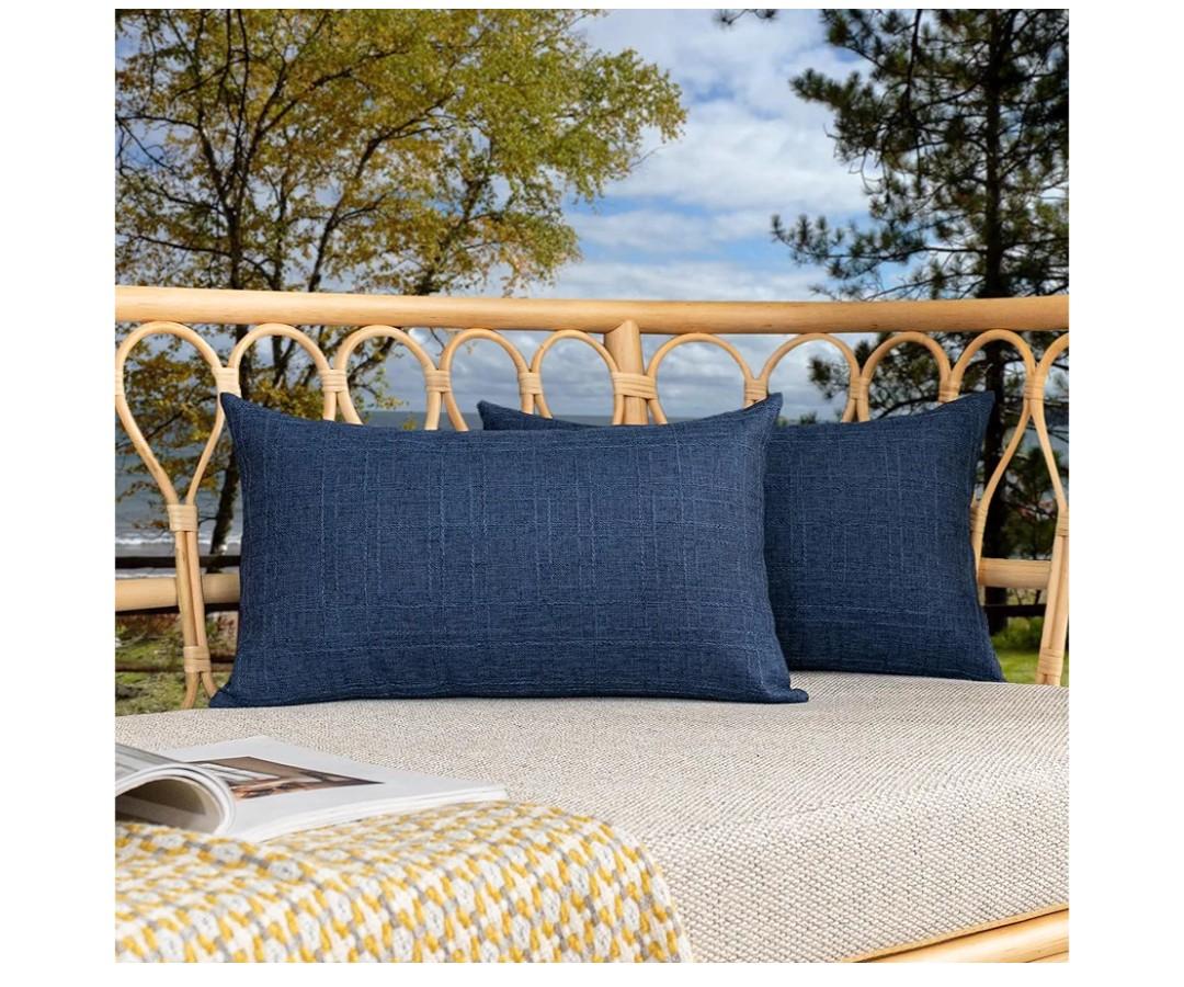 Kevin Textile Pack of 2 Decorative Outdoor Waterproof Throw Pillow Covers Checkered Lumbar Pillowcases Classic Cushion Cases for Patio Couch Bench 12 x 20 Inch Blue