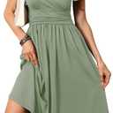 Women's Spring Casual Ruffle Short Sleeve Wrap V-Neck A-Line Loose Fit Swing Party Work Midi Dress with Pockets (Green, XXXL)