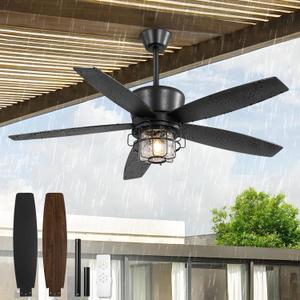 Fanbulous 52" Outdoor Ceiling Fans with Lights and Remote Control,IP65 Wet Rated Waterproof Ceiling Fan with 6-Speed DC Motor, Farmhouse Gazebo Fan for Porch Patios PavilionBlack