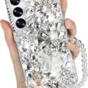 Omio Compatible with Samsung Galaxy S25 Plus Bling Case with Hand Chain Strap Cute Butterfly Bracelet 3D Handmade Sparkle Glitter Crystal Bling Diamond Hard PC Phone Case for Women Girls White