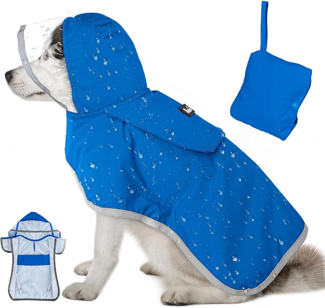 Lukovee Dog Raincoat, Adjustable Dog Rain Jacket with Clear Hooded Double Layer for Large Medium Small Dogs Puppies, Waterproof Rain Coat Poncho with Reflective Storage Pocket & Rim (Blue, S)