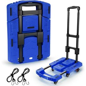 Folding Hand Truck 500lbs, Portable Heavy Duty Dolly Cart, 6 Wheels Collapsible Luggage Cart with 2 Elastic Ropes - Compact Trolley Cart for Easy Moving - Ideal Hand Cart for Travel and More (17, Blue)