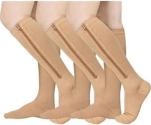 Athbavib 3 Pairs Zipper Compression Socks, 15-20 mmHg Closed Toe Compression Stocking with Zipper for Women and Men
