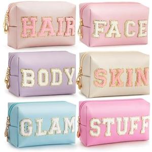 HBselect Preppy Makeup Bag 6 Pcs Travel Toiletry Bag Chenille Letter Patch Makeup Bag Portable Cosmetic Bag for Women PU Leather Waterproof Organizer Make up Bag for Women Girls