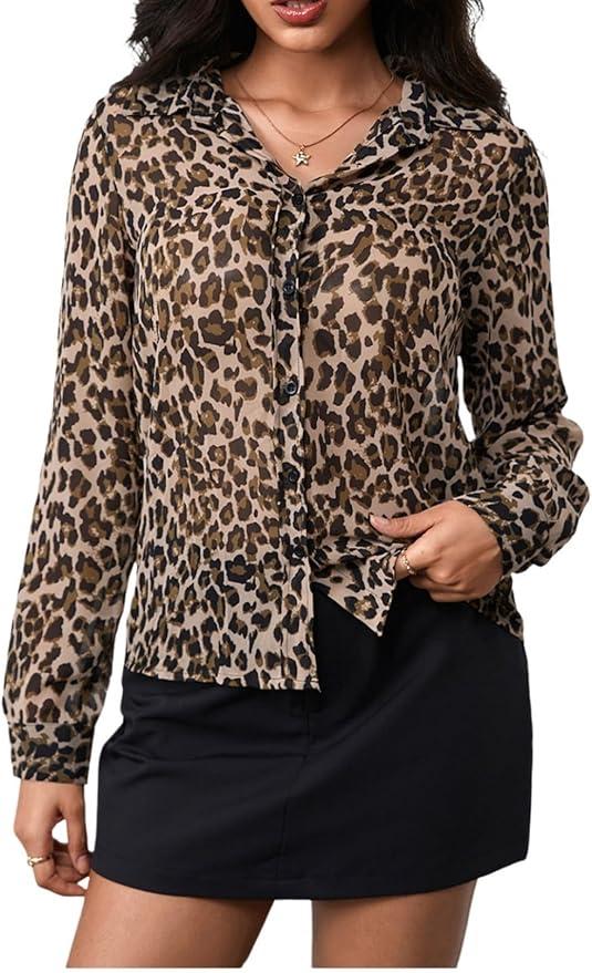 Women's Leopard Print Tops Button Down Shirt Long Sleeve Blouses Shirts Dressy Fashion Tops, Size Small
