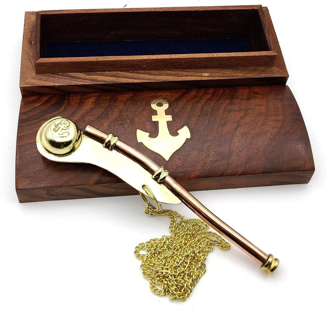 Smizzy Nautical Mariner Boatswains Whistle Chain Bosun Pipe Nautical Collection with Wooden Box Rustic Vintage Home Decor Gifts, 1 pc, 5 inch Long