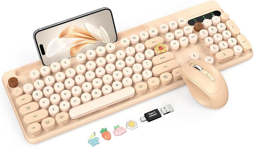 Wireless Keyboard and Mouse Combo, Retro Round Keycaps, Cute Full-Size Typewriter Keyboard with Phone Holder, Sleep Mode, 2.4GHz Cordless Connection for Windows/PC/Laptop (Milk-Tea Colorful)