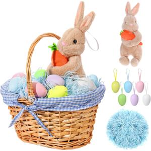 SiliFine Easter Bunny Gift Basket, Include Wicker Basket with Liner Gingham, Easter Plush Bunny Rabbit, Easter Eggs, Raffia Paper Grass, Easter Gifts for Picnic Party Decoration(Blue)