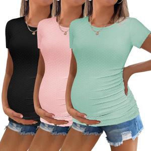 Ekouaer Womens Maternity Shirts 3 Packs Round Neck Short Sleeve Side Ruched Swiss Dot T Shirt Tops SXXL (Black/Dirty Pink/Ice Green)