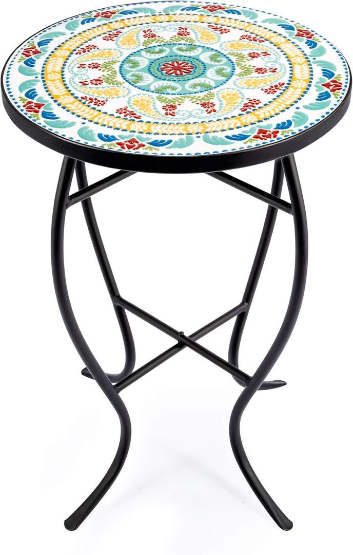 VONLUCE 21" Mosaic Plant Stand, 14 Inch Round Side Table with Ceramic Tile Top, Indoor and Outdoor Accent Table, Outdoor Patio Furniture, End Table for Garden Patio Living Room More, Floral, Steel, Ceramic Tile