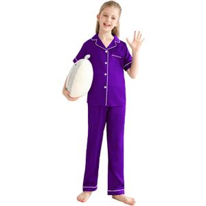 Veseacky Girls Silk Pajamas Short Sleeve Pjs for Kids Satin Two Piece Lounge Sets Sleepwear with Long Pants (Purple,12y) (Purple), Size Mark Not Found