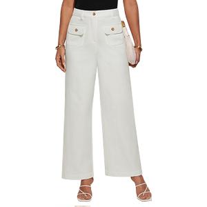 GRACE KARIN Women Wide Leg Pants High Waist Stretchy Pants Dressy Business Work Casual Trousers with Pockets (X-Large, White)