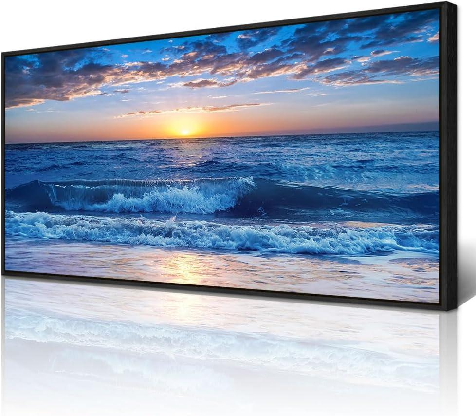 Wapluam Canvas Wall Art For Living Room Large Wall Decor For Bedroom Office Wall Decorations Blue Ocean Beach Wall Painting Sunny Sea View Wave Wall Pictures Artwork Room Home Decor Black Framed (40L" x 20W")