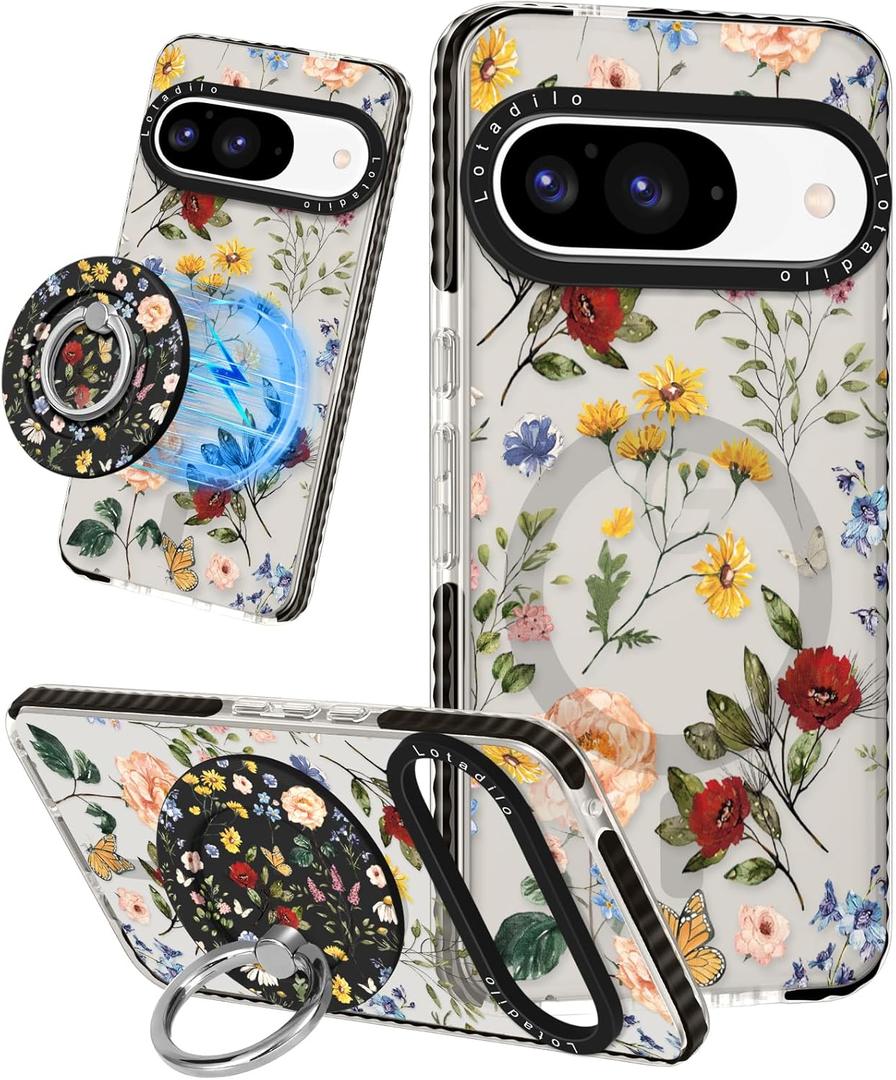 Cute for Google Pixel 9 Pro/9 Case - Compatible with Magsafe Magnetic Ring Holder Stand Kickstand for Women Girls Girly Funny Fashion TPU Phone Case, Retro Flower