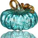 3" Large Blown Glass Pumpkin Figurine Collectible Thanksgiving Fall Harvest Pumpkin Crystal Glass Paperweight Decorations for Home(Green) (Blue)