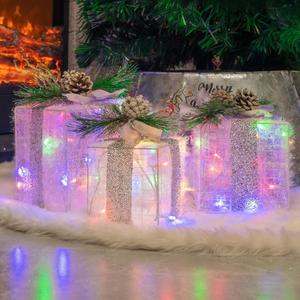 FUNPENY Set of 3 Christmas Lighted Gift Boxes, Plug in 60 LED Light Up Tinsel Present Box Decorations for Outdoor Indoor Christmas Tree, Yard, Home Decor (Max. Size 7.5 x 7.5 x7.1 Inch) (Multicolor)