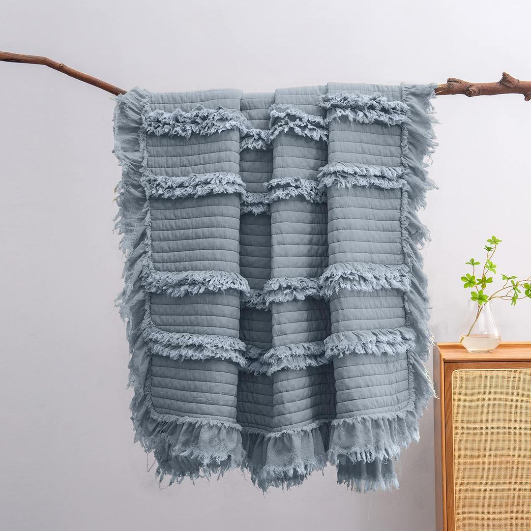 Ultra Soft Pre-Washed Quilted Throw Blanket, Ruffle Fringed Dark Blue Decorative Throw, Stone Washed Chic Rustic Blanket for Sofa Couch Bed Chair, 50"x 60"