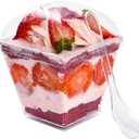 50 Pack 6oz Small Reusable Serving Dessert Cups with Lid and Spoon, Square Fruit Cups, Clear Plastic Parfait Appetizer Cup, For All Kinds of Parties. (Wide Bore)