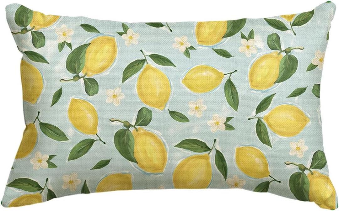 AVOIN colorlife Summer Lemon Throw Pillow Cover, 12 x 20 Inch Flowers Blue Cushion Case Decoration for Sofa Couch Holiday Seasonal Home Decor