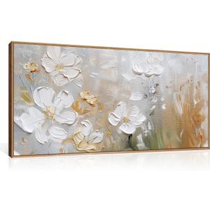 HPNIUB Large Hand-Painted White Flower Framed Wall Art Modern White and Gold Floral Canvas Oil Painting Nature Botanical Wall Decor Abstract Aesthetic Artwork for Living Room Bedroom Decor -20"x40"