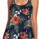 Urchics 2026 Women Two Piece Tankini Swimsuit Tummy Control Plus Size Long Torso Top and High Waisted Boyshorts Bathing Suits (Tropical Navy, L)