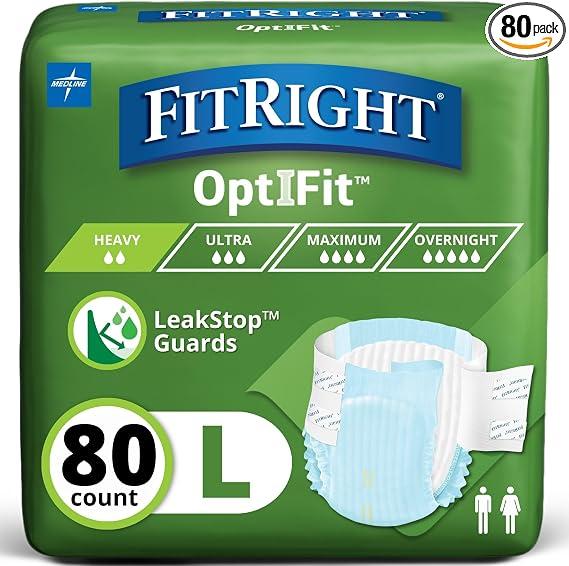 FitRight Adult Diapers, Extra Heavy Absorbency, 
L (Waist Size 44in-56in)
, 80 Count, OptiFit Incontinence Briefs for Men and Women, Disposable, Moisture Wicking, Leak Protection,