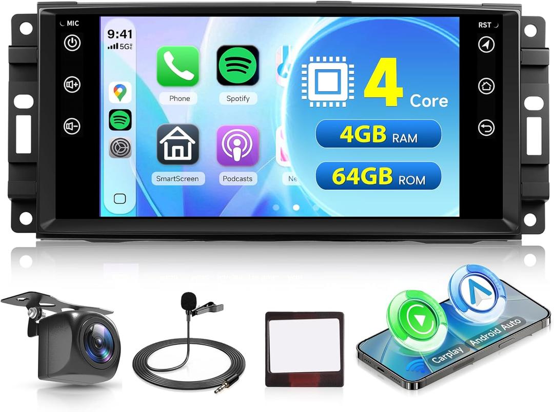 Orderich 4G+64G Car Radio for Jeep Wrangler JK 2007-2018 Dodge Ram 1500 2008-2012 with Wireless CarPlay Android Auto, 7 Inch Android Car Stereo GPS Navigation WiFi SWC Bluetooth FM with Backup Camera