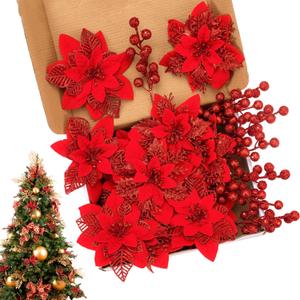 24 Pcs Red Boxed Christmas Poinsettia Flowers Set, 16 Pcs Artificial Poinsettias with Clips, 8 pcs Glitter Christmas Tree Ornaments Berry Stems for Wedding Home Holiday Xmas New Year Decorations