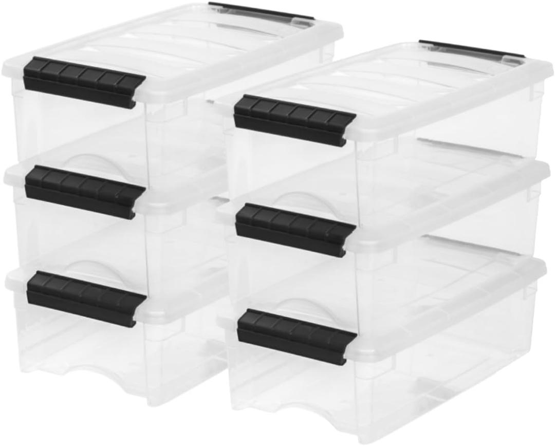 IRIS USA 6-Pack Storage Bins with Lids, 6 Quart, Made in USA Stackable See-Through Organizing Solution Latches Durable Nestable Containers Secure Pull Handle, BPA-Free Plastic (Clear)