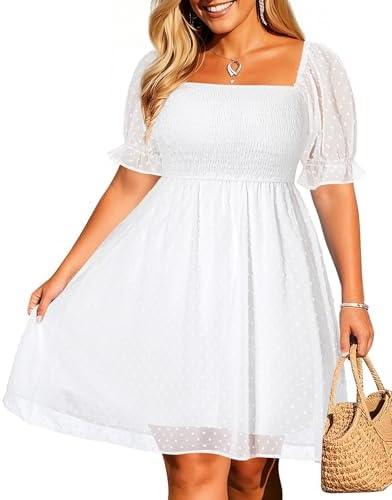 Women's Puff Sleeve Square Neck Mini Summer Sundress Chiffon Swiss Dot Flowy Smocked Dress, L