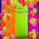 Glow in the Dark Neon Birthday Party Decorations - 3 Tinsel Foil Fringe Curtains (9.9x6.6ft), 100 UV Neon Balloons & Glow Streamers Happy Birthday Backdrop Banner for Photo Booth